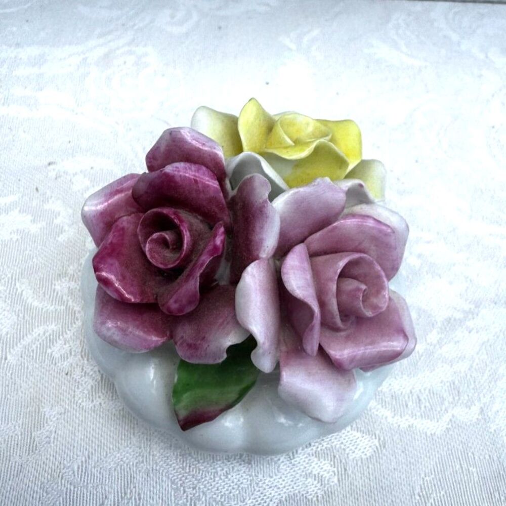 Beautiful vintage bone china flowers in tiny vase red, yellow, pink roses